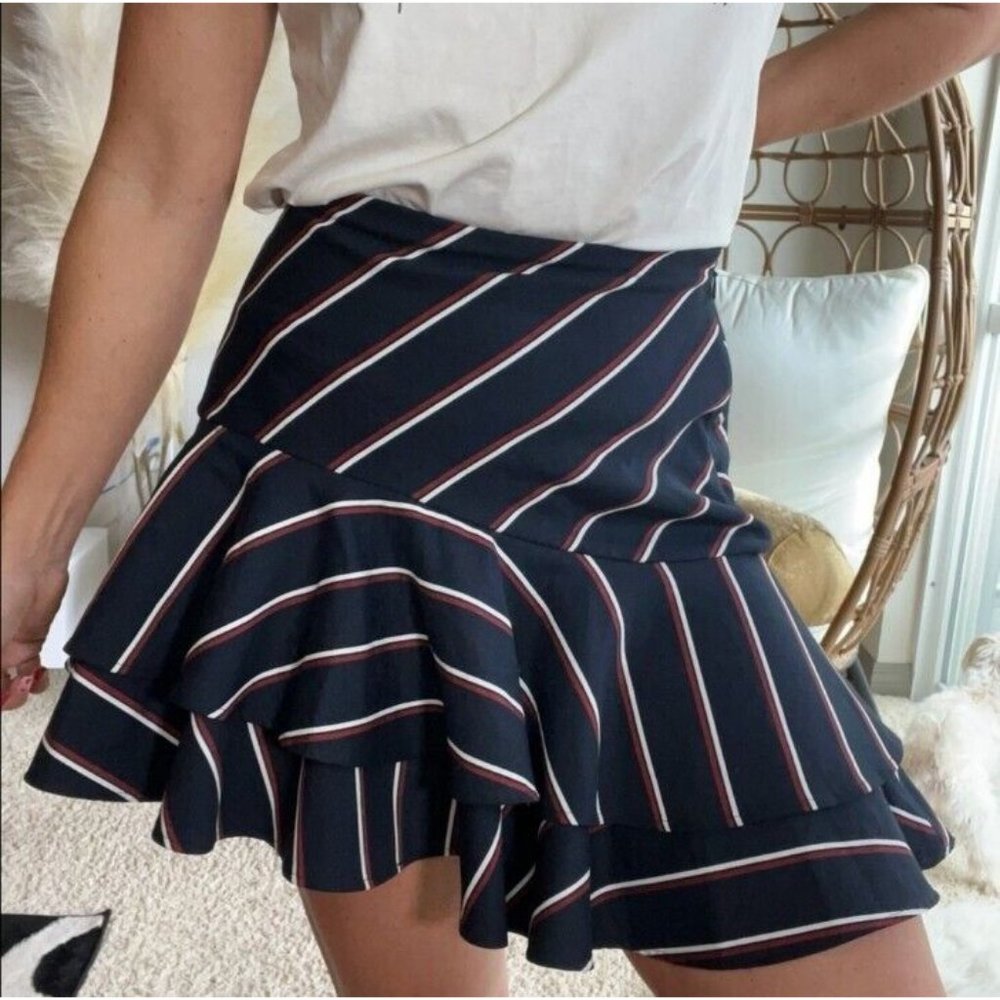 EXPRESS Tiered Asymmetrical Ruffle Navy Blue Red White Striped Skirt (Size 8)